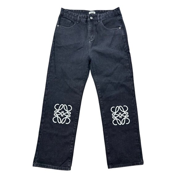 Loewe Women's 34 Black Wide-Leg Jeans W/ Signature Logo Embroidery On Knees - Picture 1 of 12